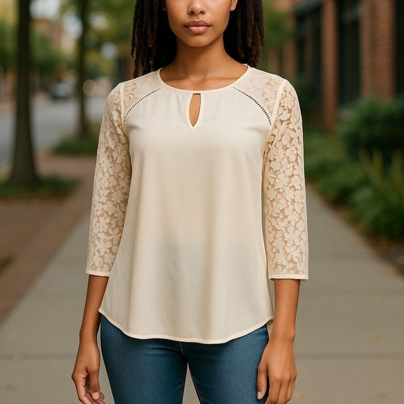 Express- Cream Colored Top, Lace Shoulders, Arms & Trim. 3/4 Sleeves, Size M - Picture 1 of 14
